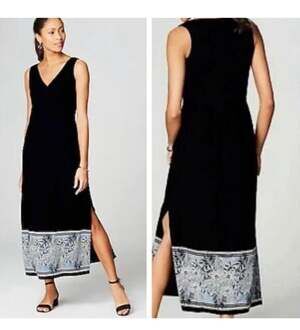 J. Jill Maxi Dress Size MP Wrap Black‎ Havana Floral side slit Vneck